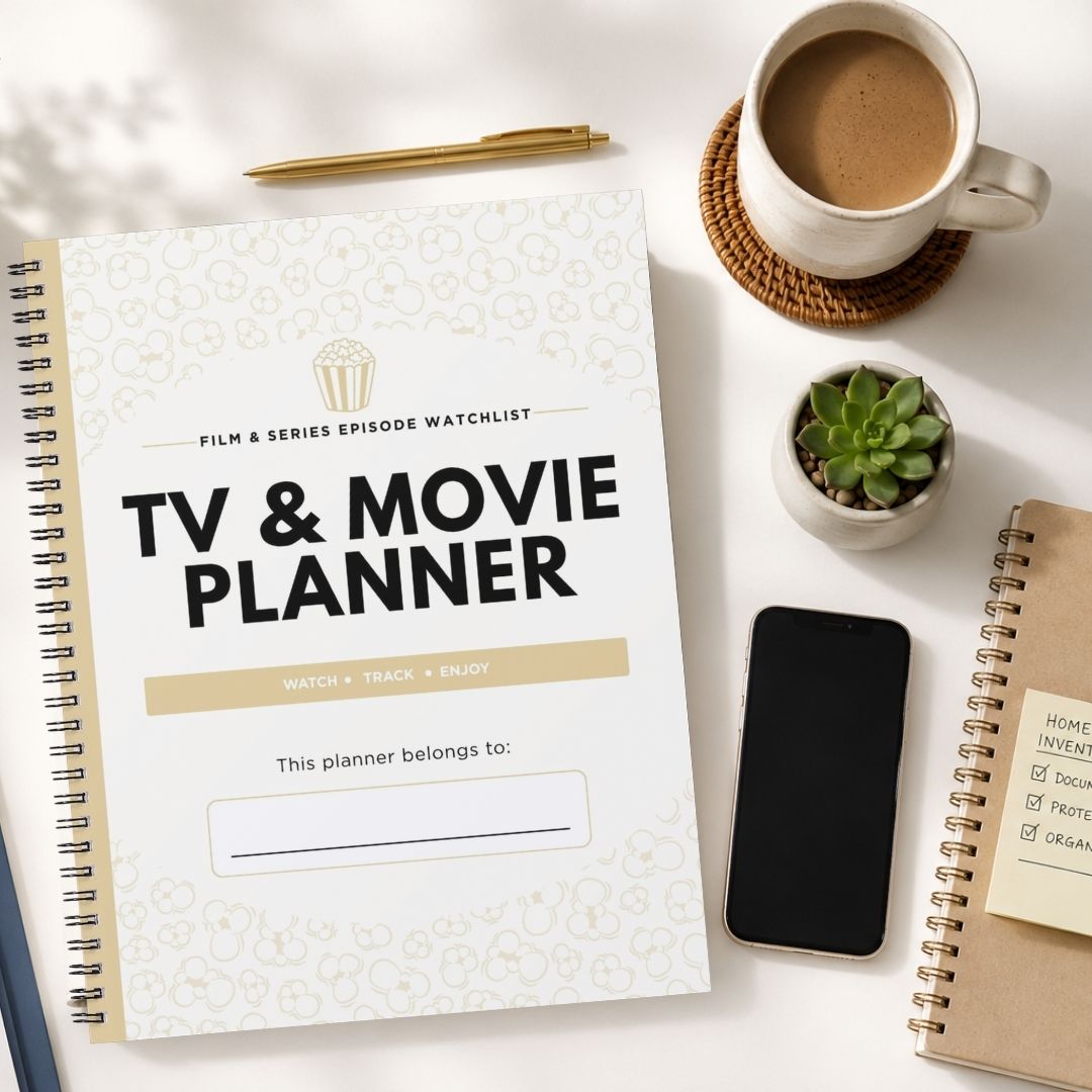 A spiral-bound 'TV & Movie Planner' notebook is displayed in a styled flat-lay arrangement on a white surface, surrounded by a cup of coffee, a pen, a small succulent, a smartphone, and another notebook.