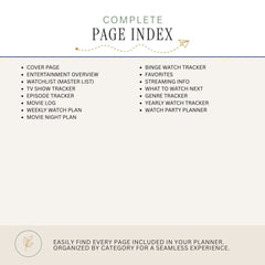 A digital preview of a planner insert or page index page titled 'COMPLETE PAGE INDEX' with bullet points listing included trackers and pages, on a warm off-white background with a small decorative logo at the bottom.