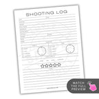 Shooting log sheet with checkboxes and rating system on a white background