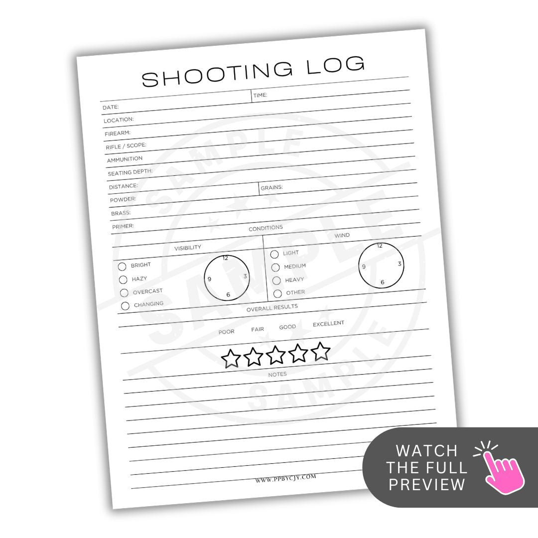 Shooting log sheet with checkboxes and rating system on a white background