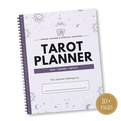 A spiral-bound Tarot Planner notebook with a white cover decorated with light purple celestial illustrations, featuring bold black text and a purple banner. A gold circular badge in the bottom right corner reads '10+ PAGES'.