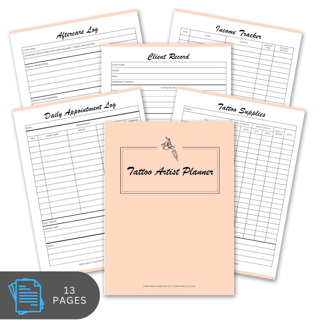 Tattoo artist planner with various pages on a white background
