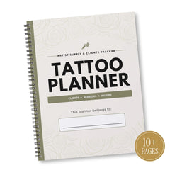 A spiral-bound 'Tattoo Planner' notebook with a cream cover featuring a faint rose pattern, olive green accents, and bold black text. A gold circular badge in the bottom right corner reads '10+ PAGES'.