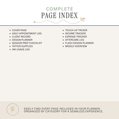 A digital preview of a complete page index for a tattoo planner, showing a list of included pages organized in two columns on a light beige background with a darker beige footer.