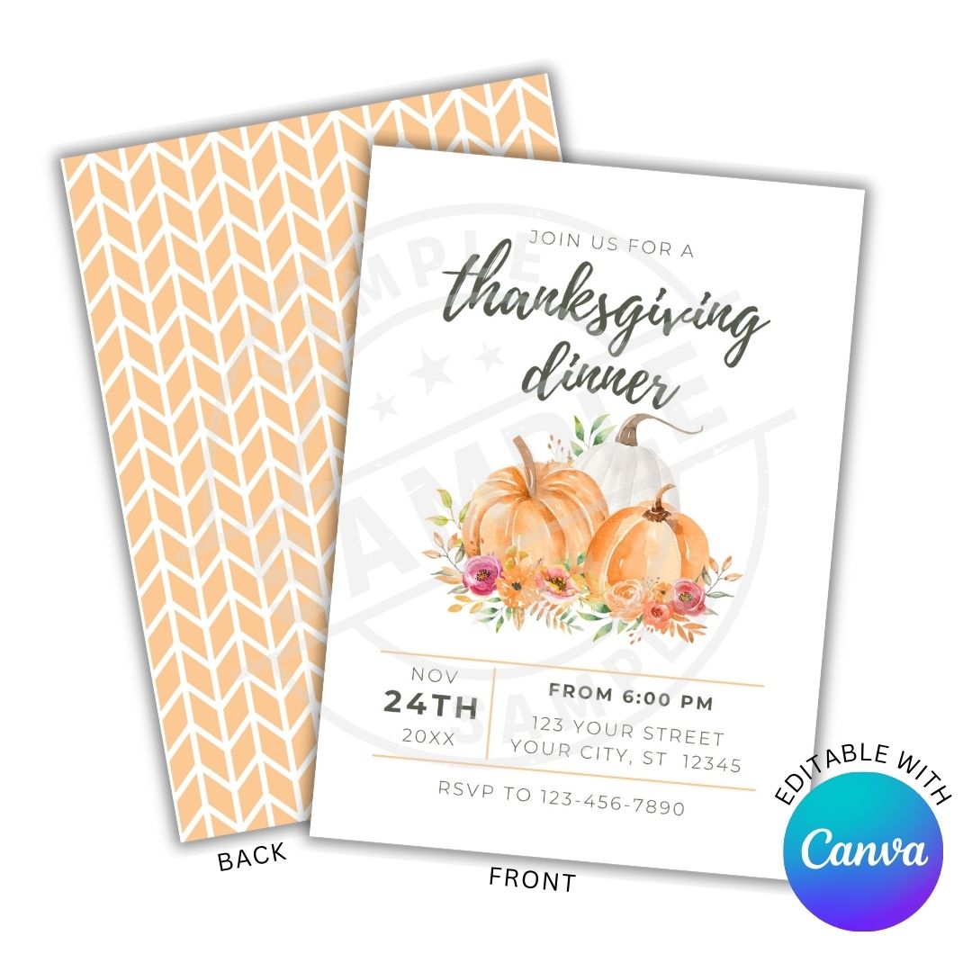 Thanksgiving dinner invitation with pumpkins and floral elements, featuring Canva branding.