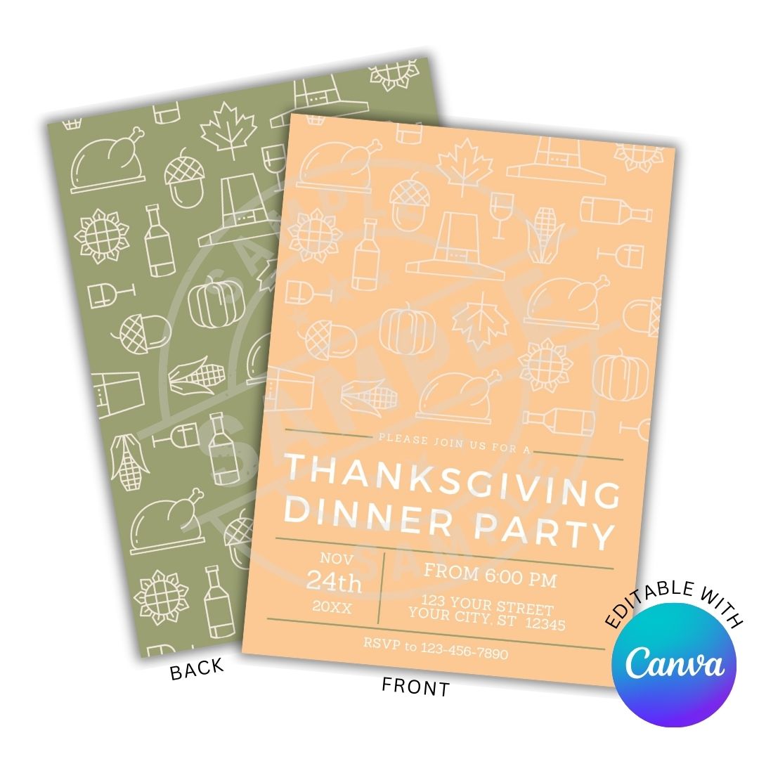 Thanksgiving dinner party invitation with green and orange designs, featuring Canva branding.