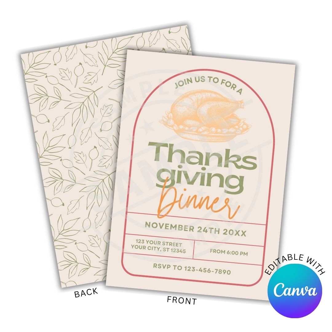 Thanksgiving dinner invitation with a turkey graphic and Canva branding.