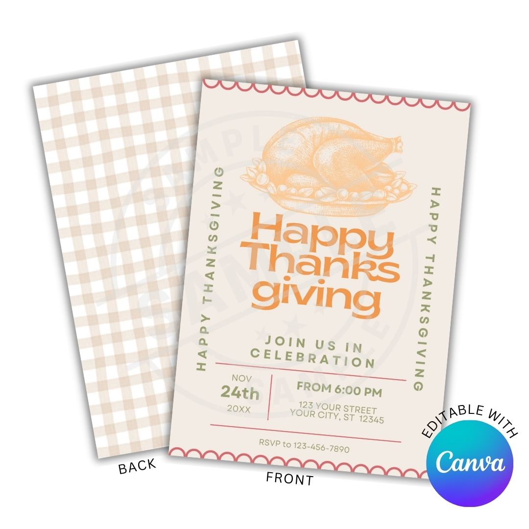 Thanksgiving invitation card with turkey illustration and editable text on a white background