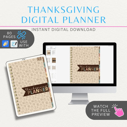 Thanksgiving Digital Planner with 80 hyperlinked pages, including meal planners, shopping lists, recipes, guest trackers, and decoration ideas