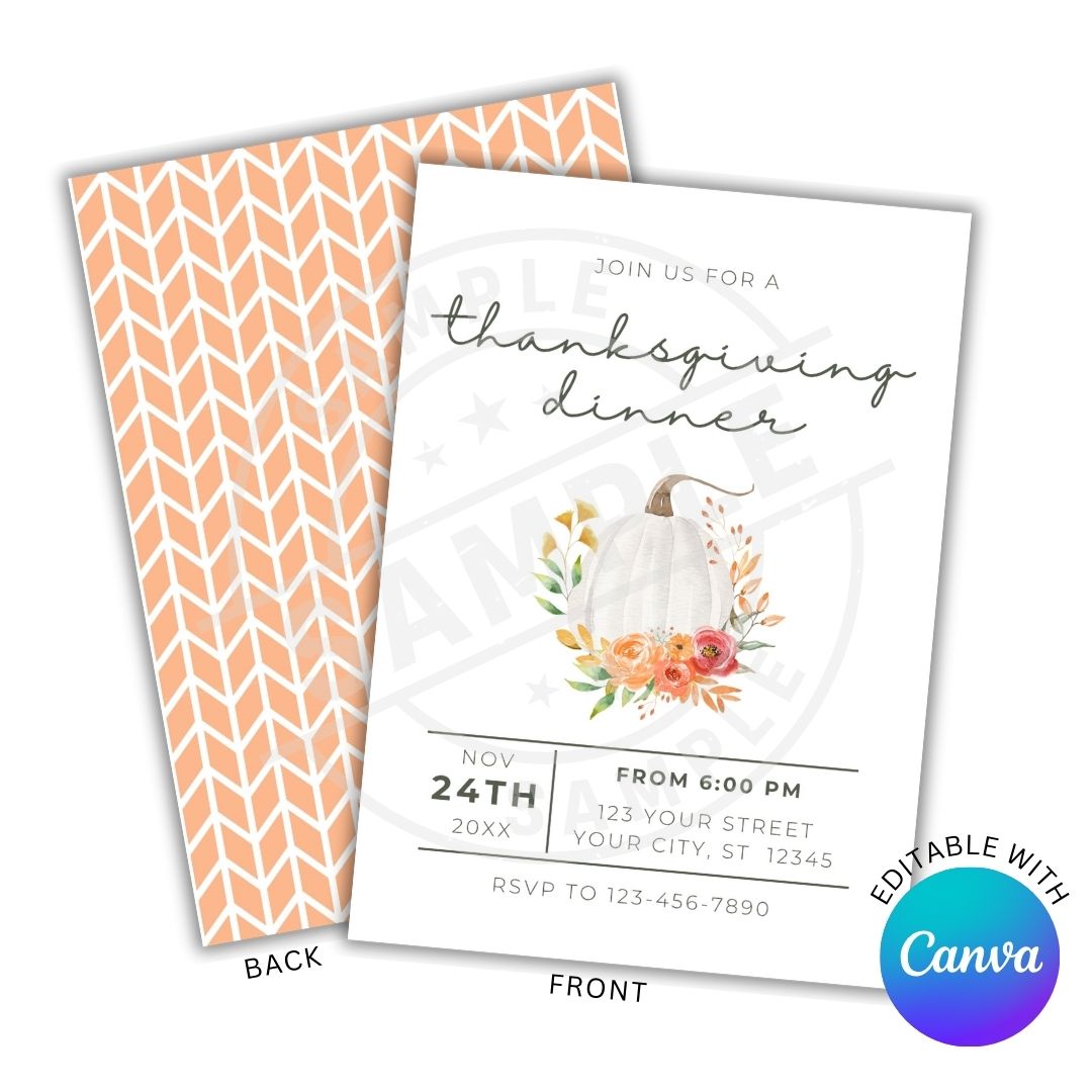 Thanksgiving dinner invitation with pumpkin and floral design, featuring Canva branding.