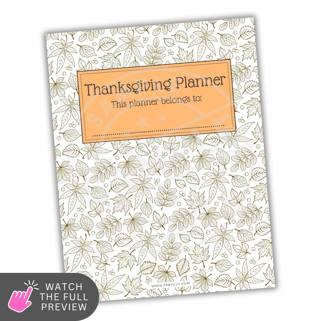 Thanksgiving planner with leaf pattern and customizable name tag on a white background