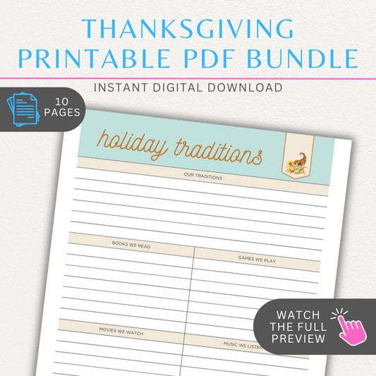 Thanksgiving Planner Printable PDF Bundle with meal planner, grocery list, and decor organizer.