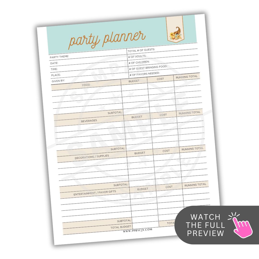 Party planner checklist with a light blue header on a white background