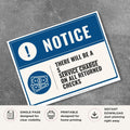 Printable There Will Be a Service Charge on All Returned Checks sign featuring a professional blue notice design, customizable returned check fee amount, and business payment policy message for retail stores, offices, and commercial businesses.