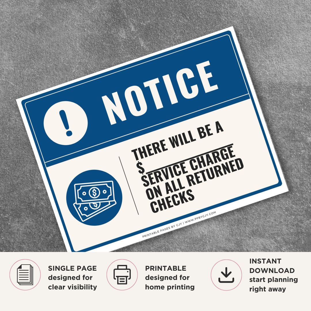 Printable There Will Be a Service Charge on All Returned Checks sign featuring a professional blue notice design, customizable returned check fee amount, and business payment policy message for retail stores, offices, and commercial businesses.