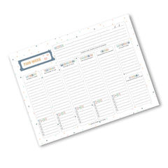 A weekly planner notepad sheet with sections for Monday through Sunday, a notes area, and a 'This Week' header, shown on a plain white background.