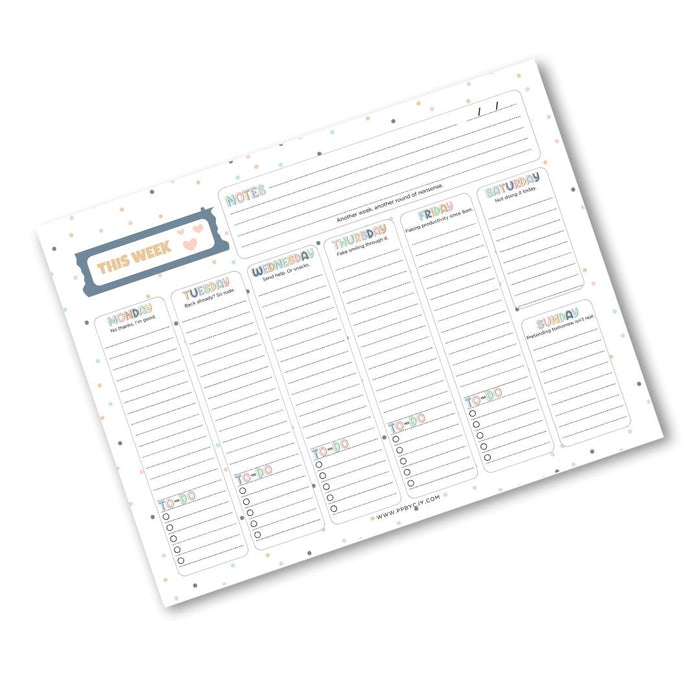 A weekly planner notepad sheet with sections for Monday through Sunday, a notes area, and a 'This Week' header, shown on a plain white background.