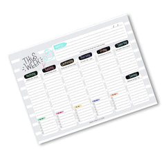 A weekly planner notepad page shown at an angle on a white background. The page has columns for Monday through Sunday with lined writing areas, small colored headers, and a note section at the top.
