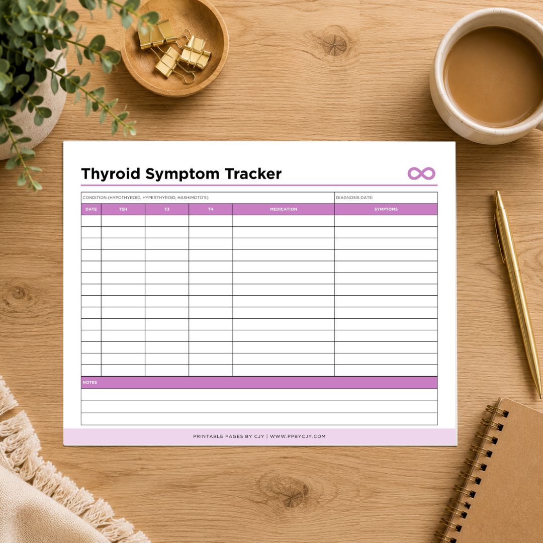 A printable 'Mineral Deficiency Tracker' sheet displayed on a wooden desk with a coffee cup, plant, gold clips, pen, and notebook around it.