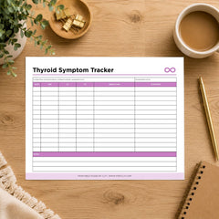 A printable 'Mineral Deficiency Tracker' sheet displayed on a wooden desk with a coffee cup, plant, gold clips, pen, and notebook around it.
