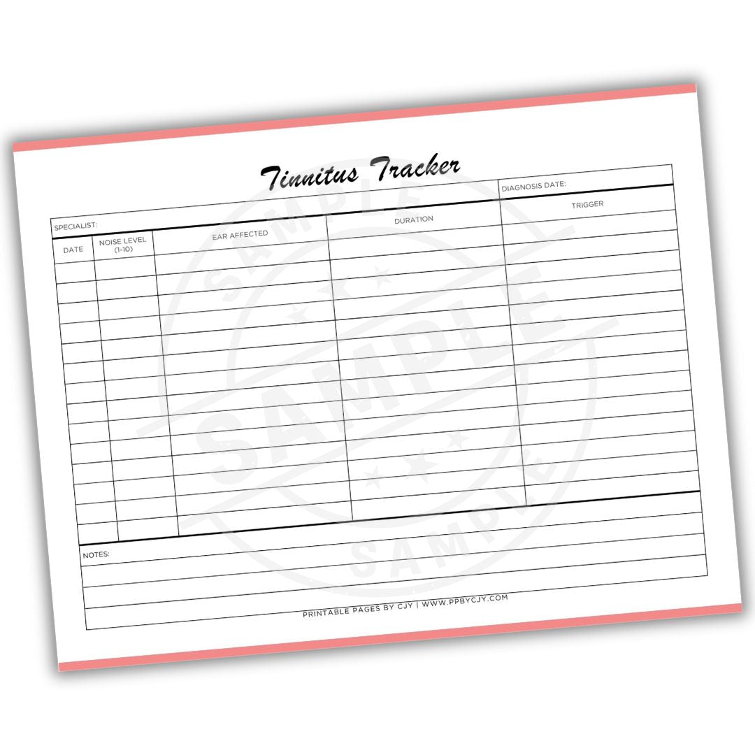 Tinnitus Tracker sheet with columns for date, severity level, ear affected, duration, and notes on a white background.