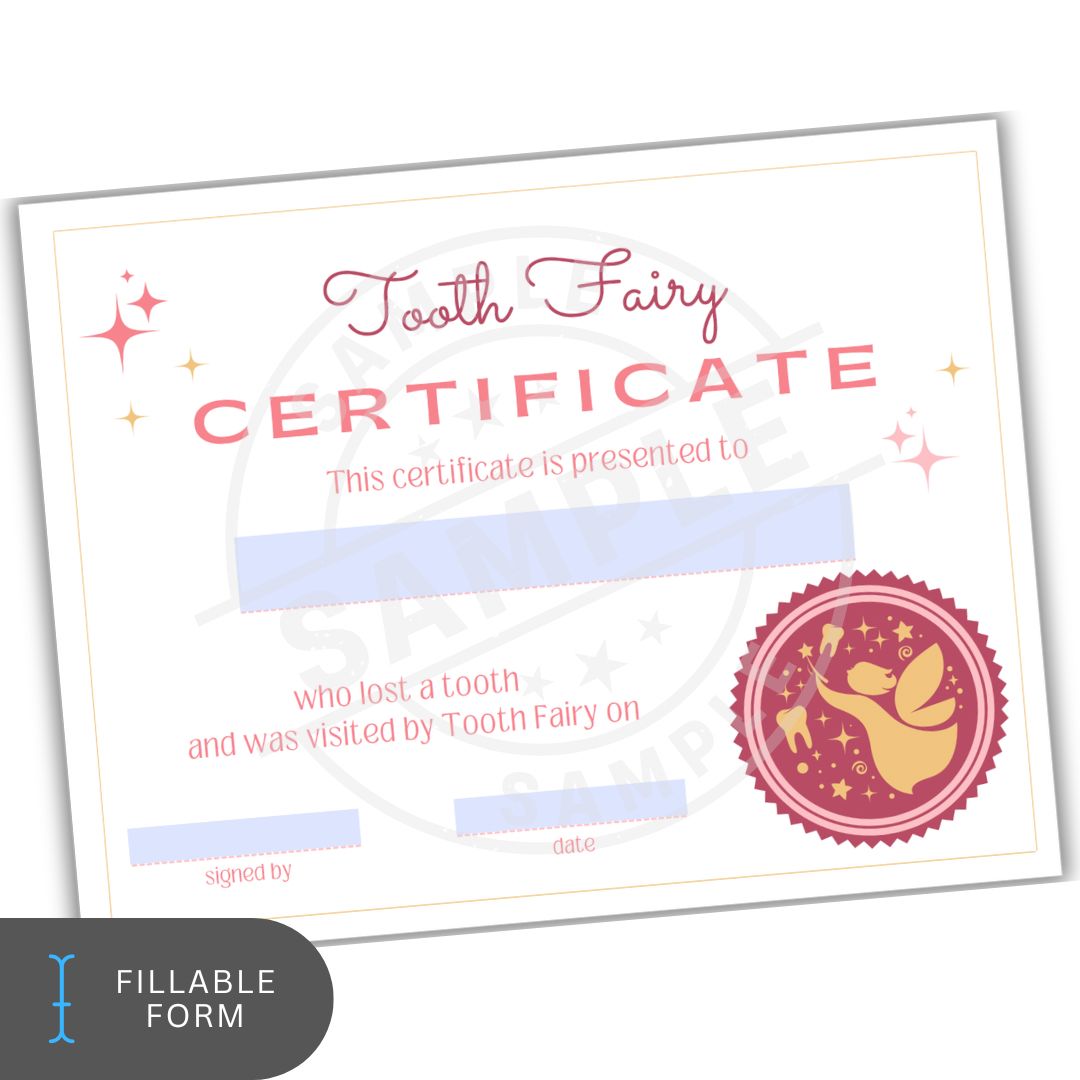 Pink Tooth Fairy Certificate Printable – Editable Fillable Award with Seal