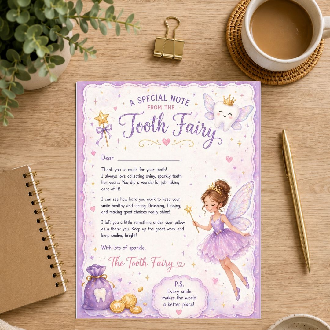 A decorative note card addressed to a Tooth Fairy, styled in a flat-lay on a wooden desk with a gold binder clip, a notebook, a pen, a coffee cup, and a plant.