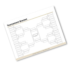A printable tournament bracket template shown on a white background. The sheet is angled slightly and includes the title 'Tournament Bracket' at the top left, with black bracket lines and boxes on a white page and a beige footer band containing small website text.