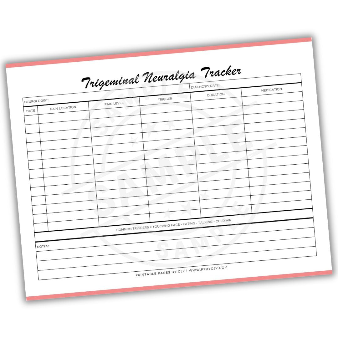 Trigeminal Neuralgia Tracker sheet with red border on white background