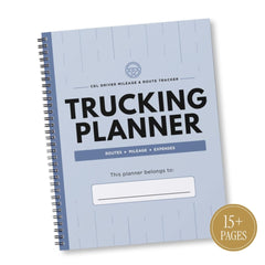 A spiral-bound CDL Driver Mileage & Route Tracker Trucking Planner on a white background, featuring a light blue cover with black text and a gold '15+ PAGES' seal in the bottom right corner.