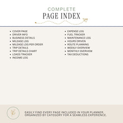 A digital preview of a 'Complete Page Index' planner insert, showing a list of included pages such as cover page, expense log, mileage log, and route planning, on a light beige background.