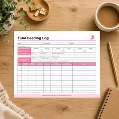 A printable Tube Feeding Log sheet displayed on a wooden desk with a coffee cup, plant, gold clips, pen, and notebook around it.