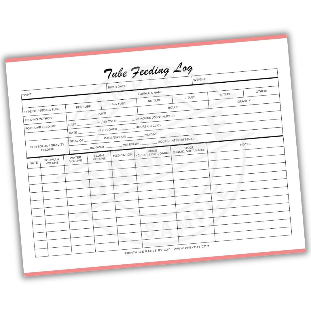 Tube Feeding Log sheet with red border on a white background