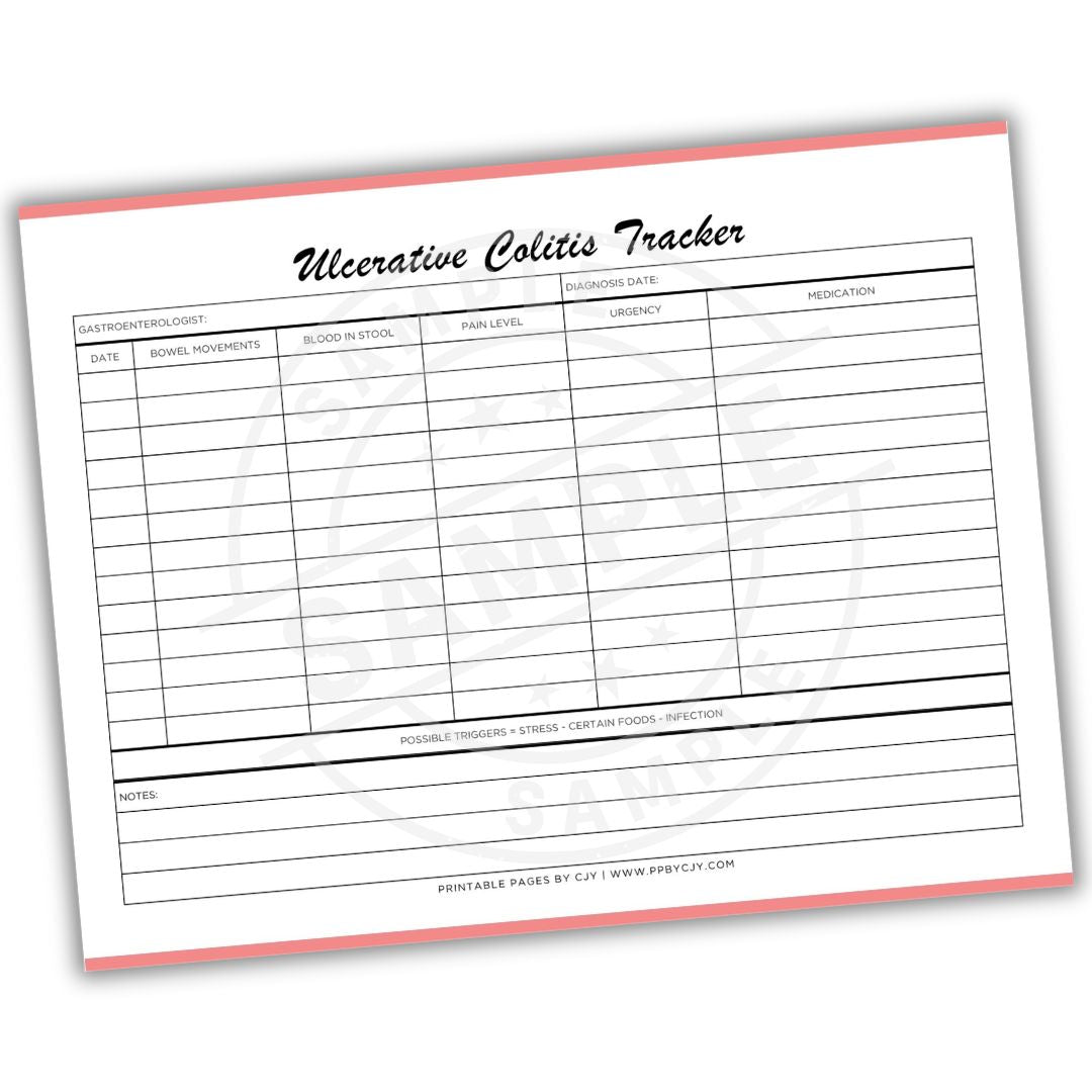 Ulcerative Colitis Tracker sheet with columns for symptoms and notes on a white background