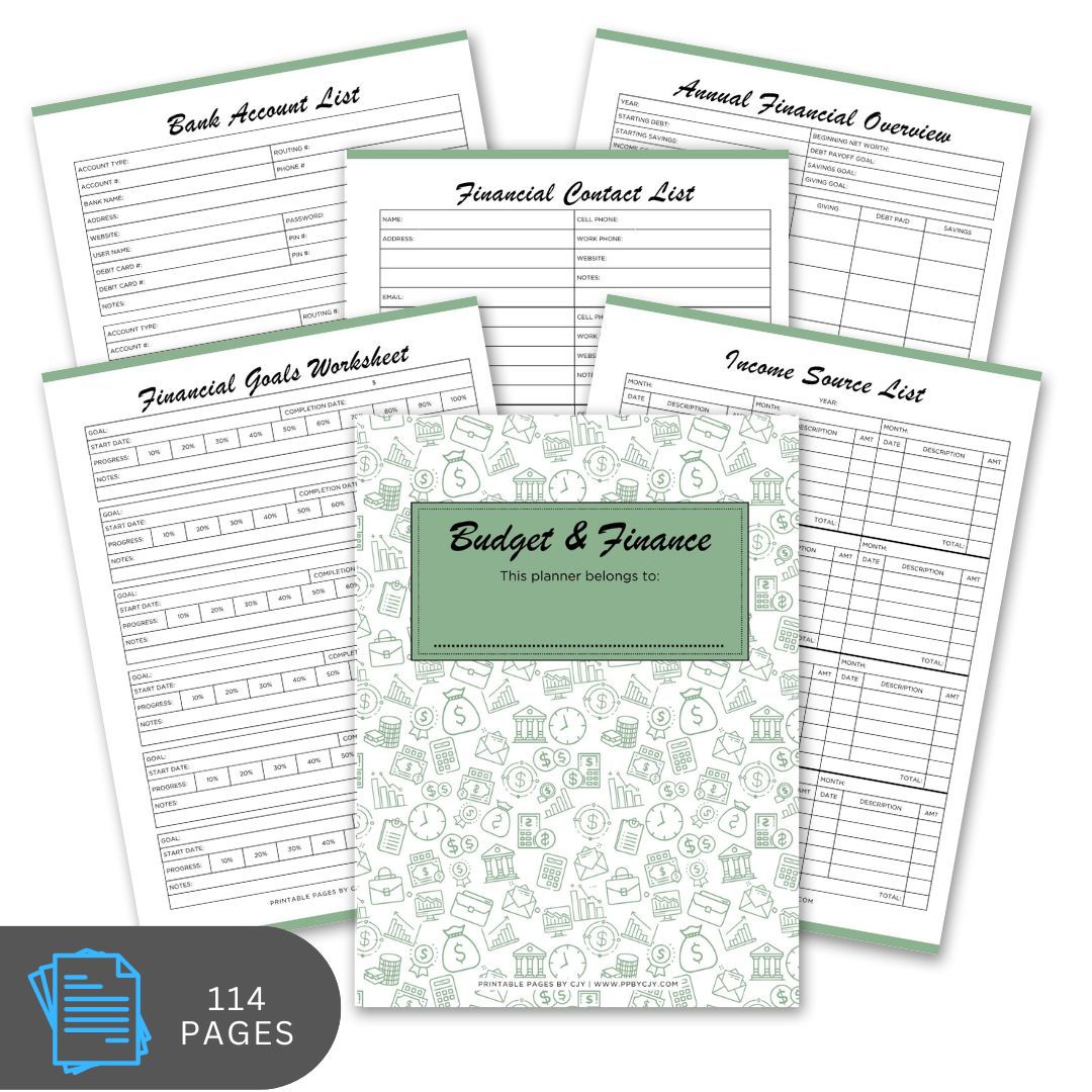 Collection of financial planning sheets with green borders on a white background