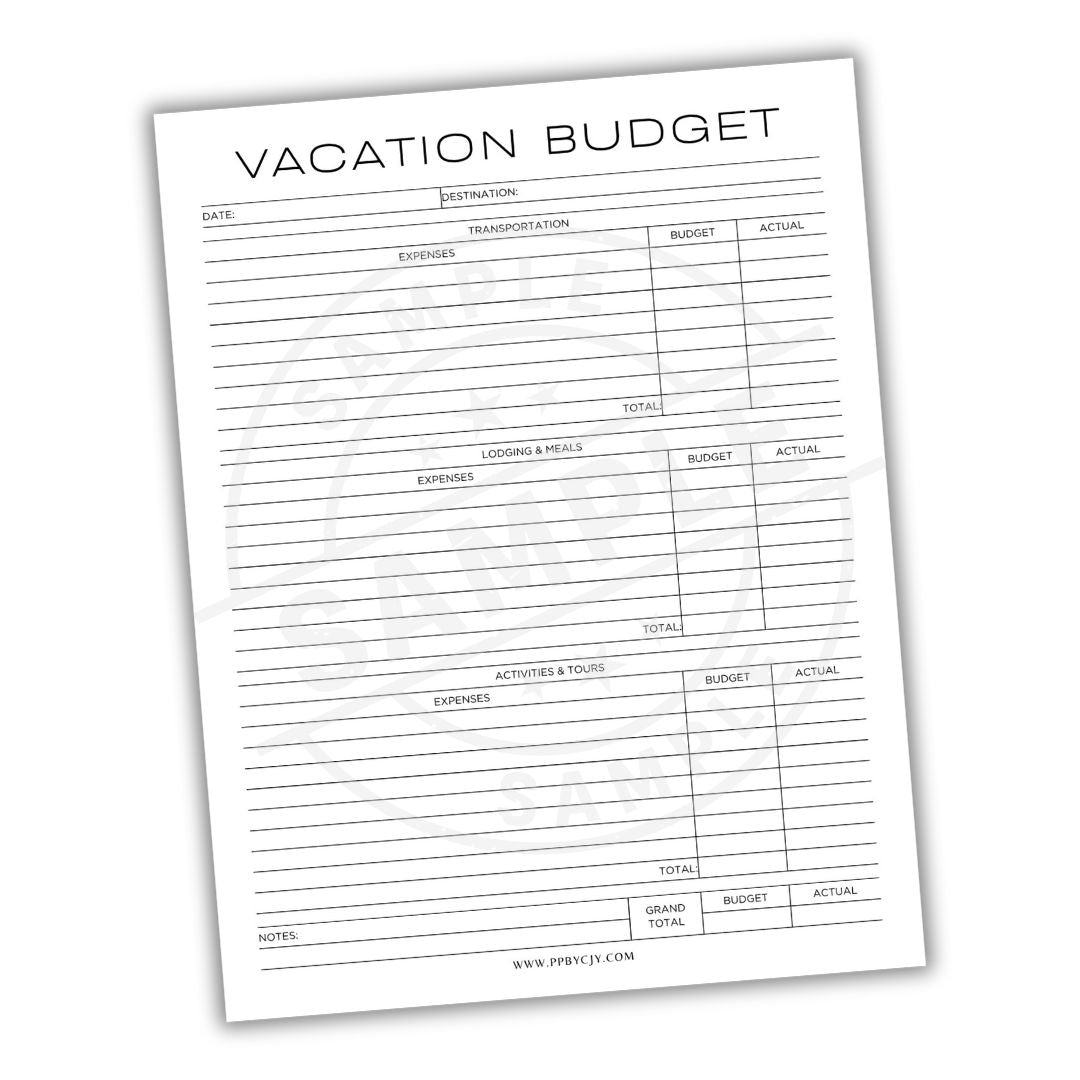 Vacation budget sheet with columns for expenses and totals on a white background