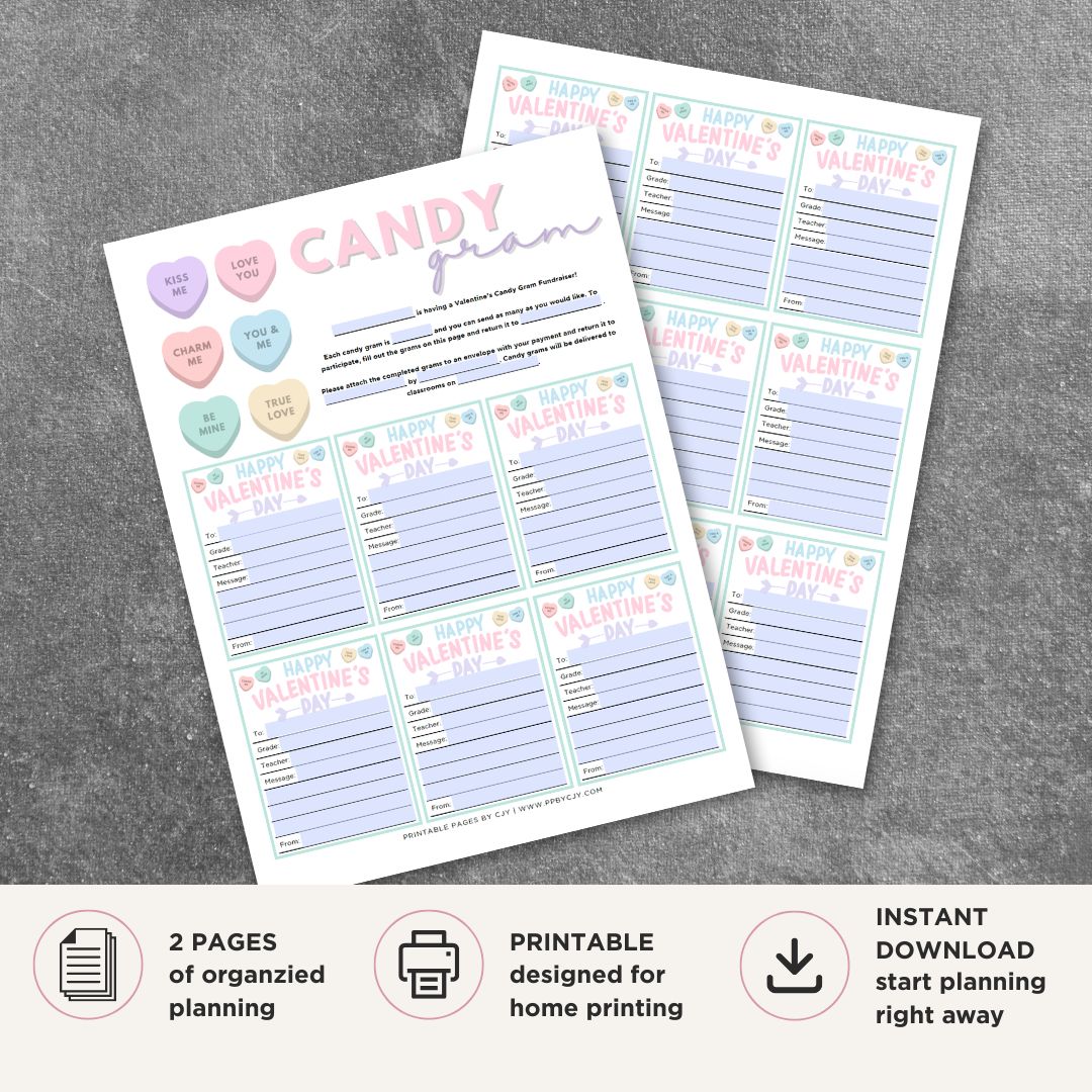 Valentine’s Day Candy Gram printable gift note pages with festive Valentine candy designs
