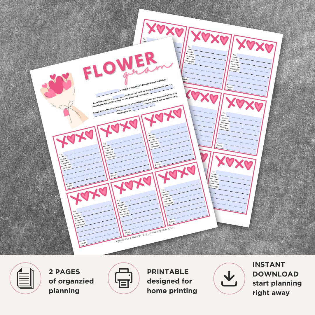 Valentine’s Day Flower Gram printable floral gift note pages with festive Valentine designs
