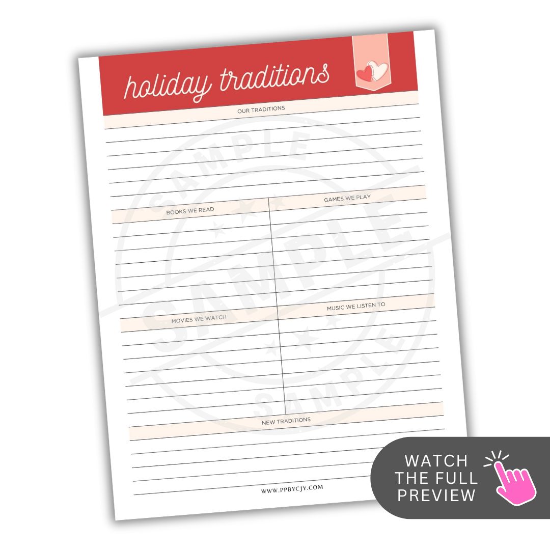 Holiday traditions planner sheet with a red banner at the top on a white background.