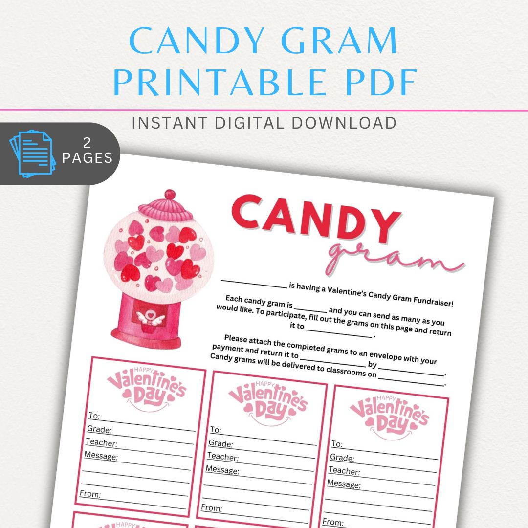 Valentine’s Day Candy Gram printable page with space for personalized messages and candy attachments for a sweet gift.