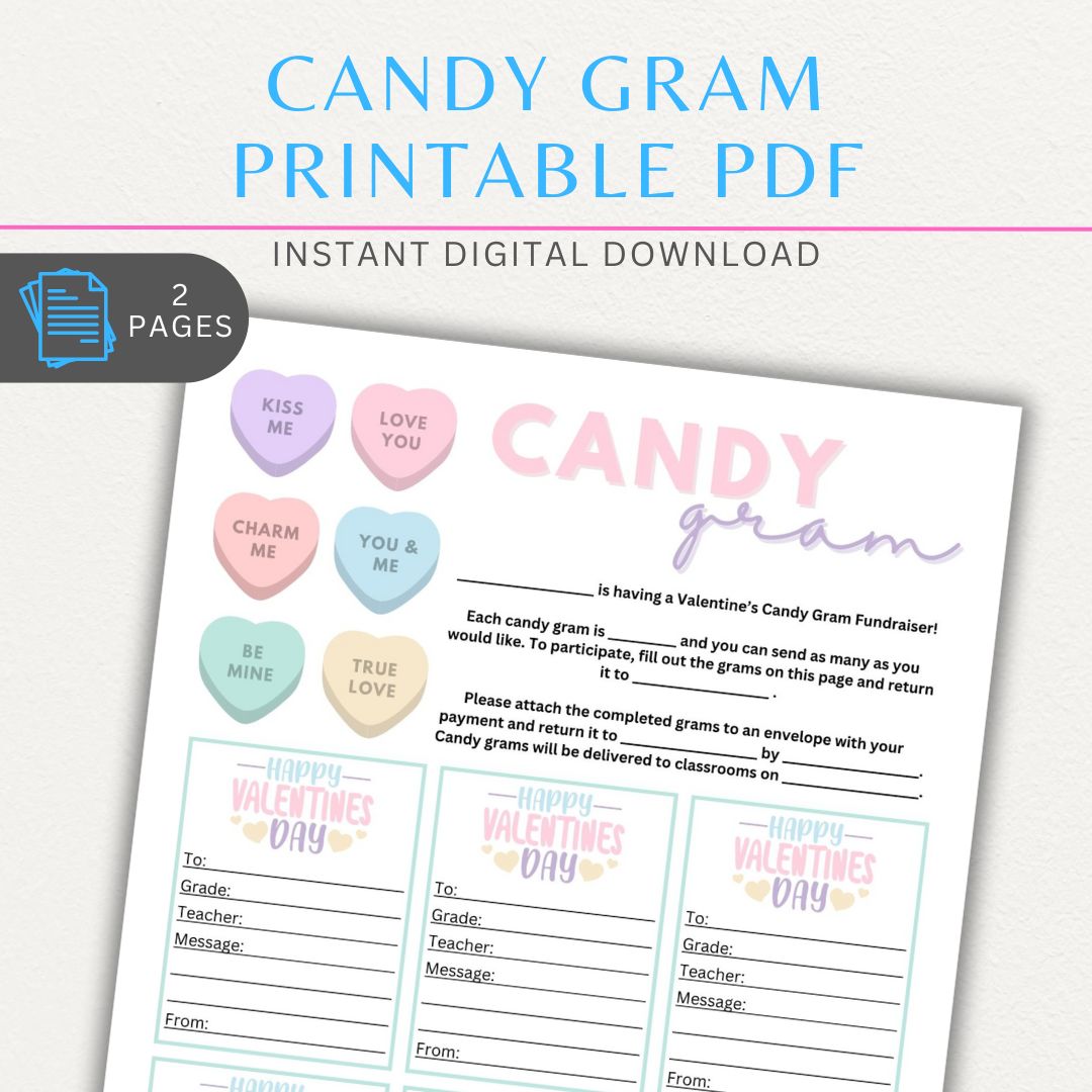 Valentine’s Day Candy Gram printable page with space for personalized messages and candy attachments for a sweet gift.