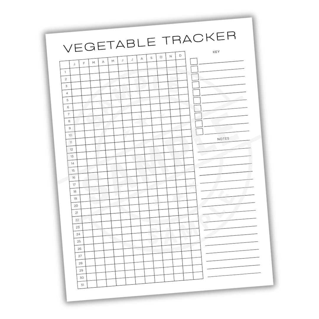 Vegetable tracker sheet with grid and notes section on a white background