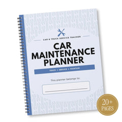 A spiral-bound Car & Truck Service Tracker Car Maintenance Planner notebook shown at an angle on a white background, featuring a light blue and white patterned cover with black and blue text, and a gold circular badge in the bottom right corner that reads '20+ PAGES'.