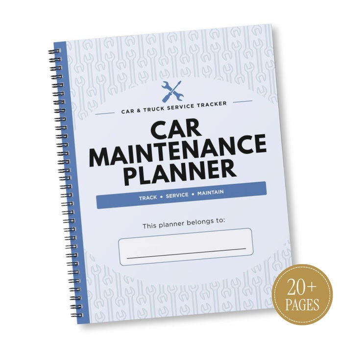 A spiral-bound Car & Truck Service Tracker Car Maintenance Planner notebook shown at an angle on a white background, featuring a light blue and white patterned cover with black and blue text, and a gold circular badge in the bottom right corner that reads '20+ PAGES'.