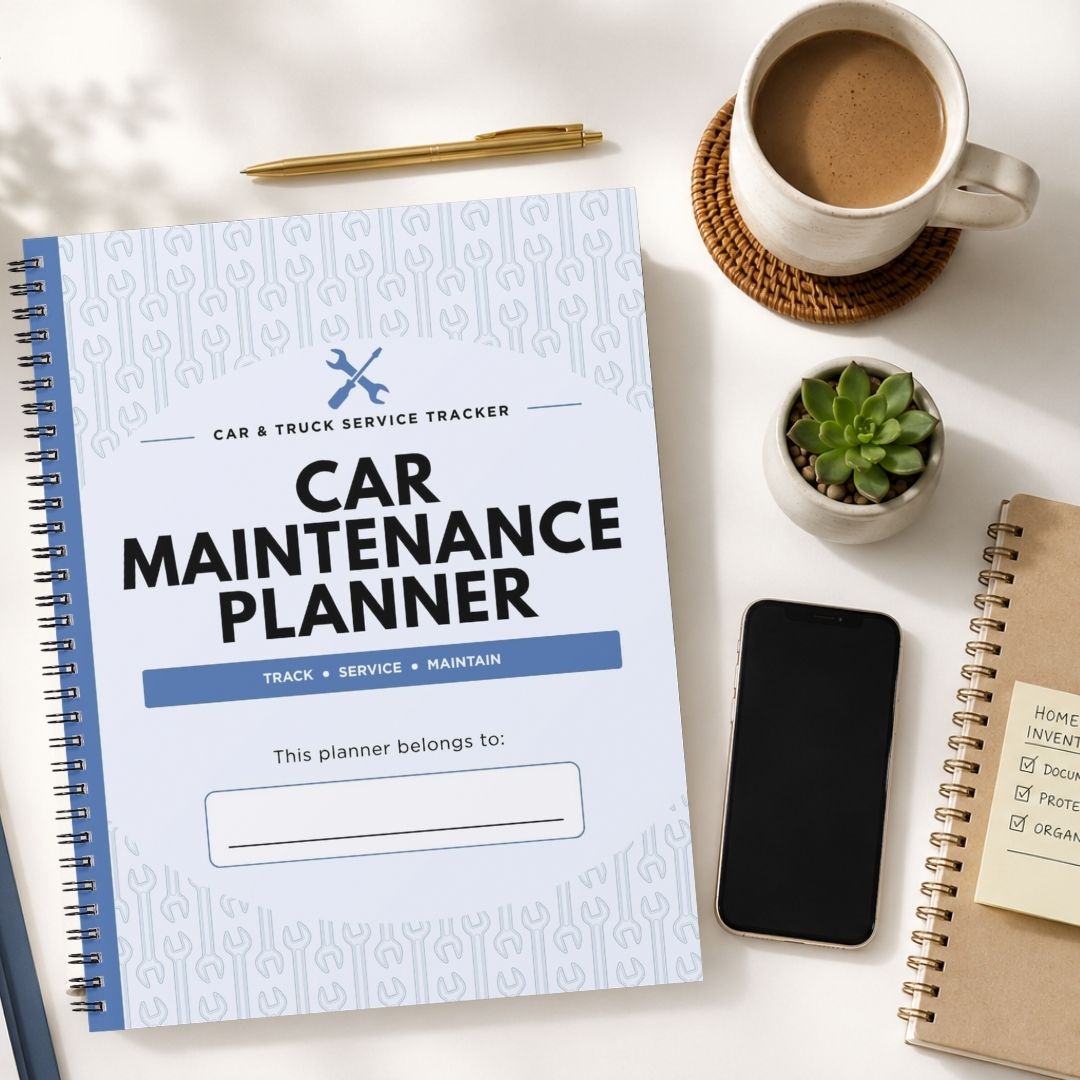 A spiral-bound Car Maintenance Planner with a white cover and blue accents is shown in a styled flat-lay arrangement on a light surface, surrounded by a coffee cup, a pen, a small succulent, a smartphone, and another notebook.