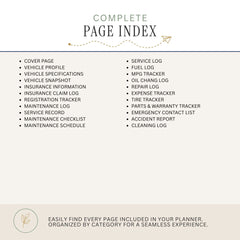 A beige and white digital template preview for a 'Complete Page Index' planner insert, outlining sections like vehicle profile, maintenance logs, and service records.