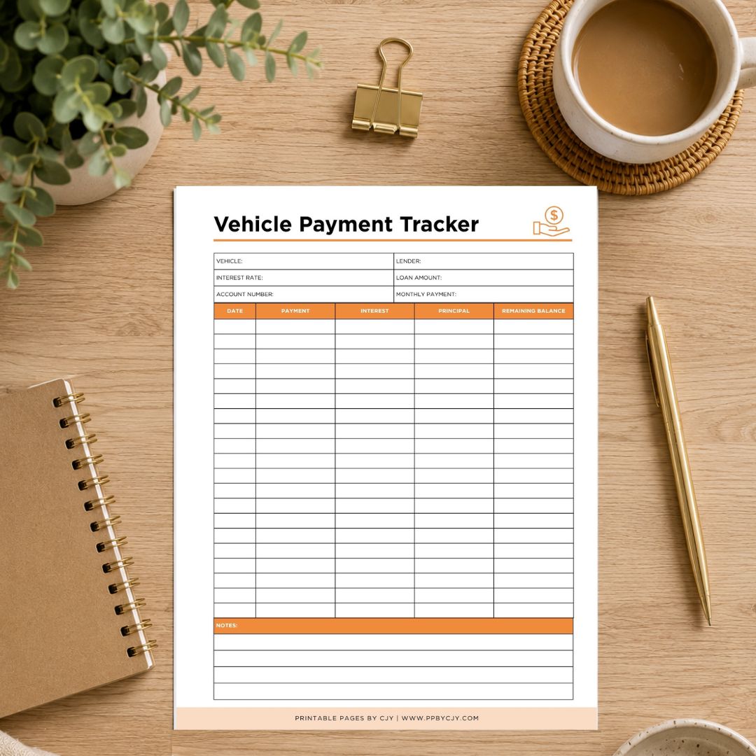 A printable 'Vehicle Payment Tracker' sheet displayed on a wooden desk flat-lay with a coffee cup, binder clip, notebook, pen, and plant.