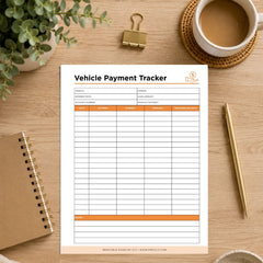 A printable 'Vehicle Payment Tracker' sheet displayed on a wooden desk flat-lay with a coffee cup, binder clip, notebook, pen, and plant.