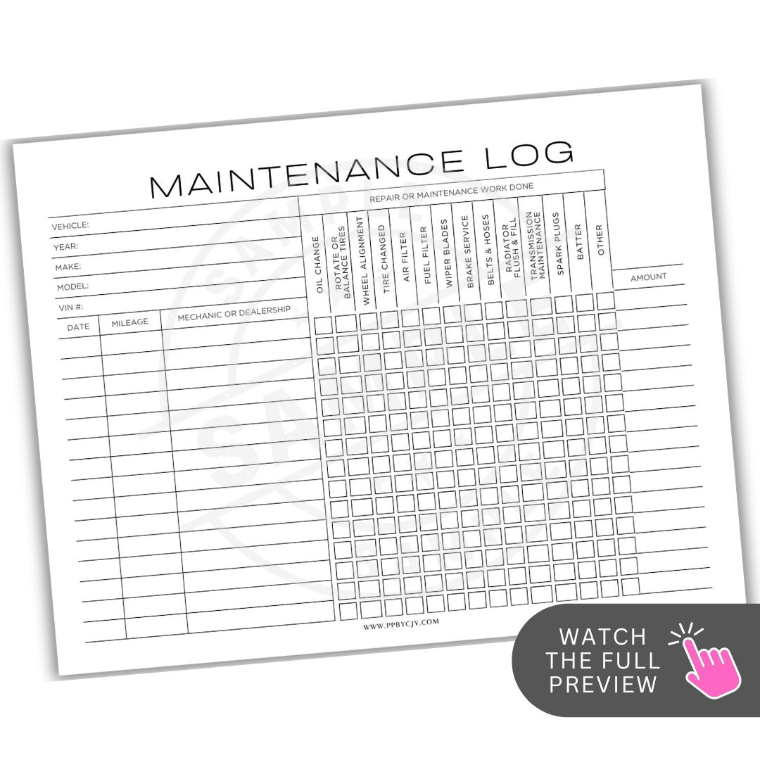 Maintenance log sheet with columns for vehicle details and repair information on a white background.