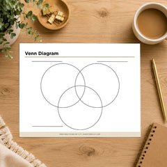 A printable Venn Diagram worksheet sheet displayed on a wooden desk with lifestyle props including a cup of coffee, a notebook, a pen, and a plant.